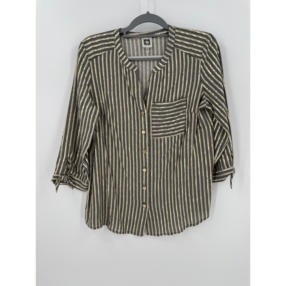 Anne Klein Womens Metallic Gold Striped Button Front Blouse Gray Size S Tie Cuff